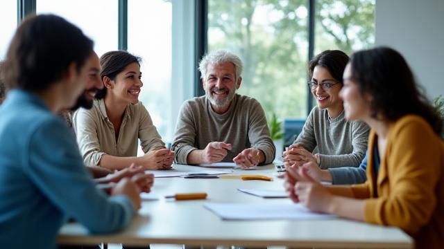 Diverse group of people engaged in a friendly, collaborative financial literacy workshop, looking empowered and engaged.