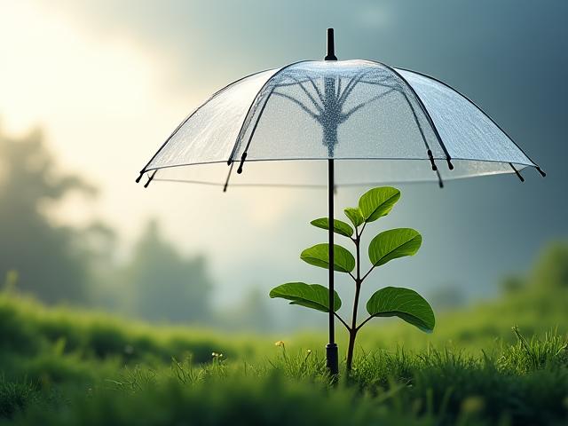 A sturdy umbrella shielding a healthy, growing plant against a stormy sky, symbolizing financial protection and growth.